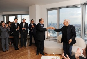 Developer and building owner Bruce C. Ratner toasts Frank Gehry on the 52nd floor of New York by Gehry. Photo: Philip Greenberg.