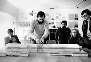 Renzo Piano and model of the Menil Collection. Peter Rice is at left.
